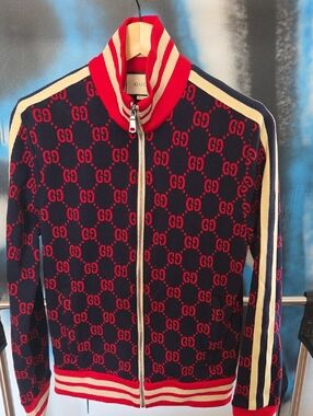 Gucci Navy & Red GG Zip-Front Track Jacket with Cream Stripes